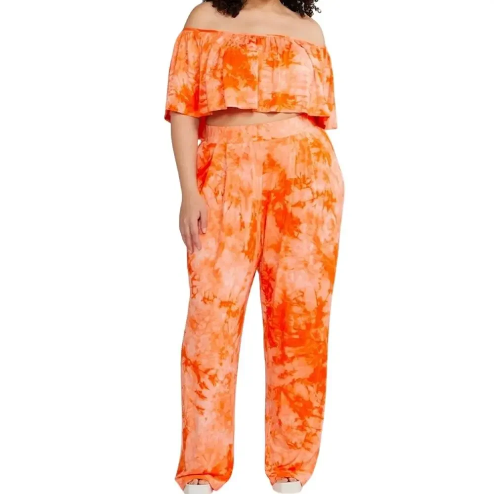 F2F Orange Tie-Dye Off-Shoulder Ruffle Crop Top Wide-Leg Pant Co-Ord Set NWT 2X